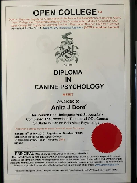 Anita's Diploma in Canine Psychology, awarded with merit