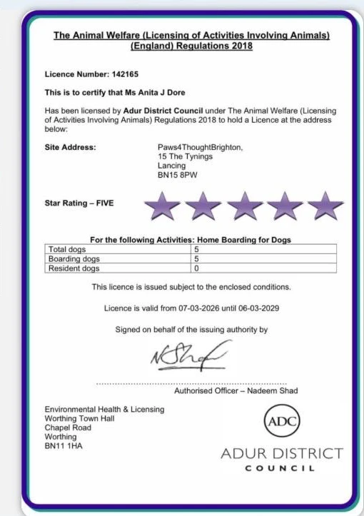 Anita's Adur District Council home boarding licence, 5-star rated, valid March 2026 to March 2029